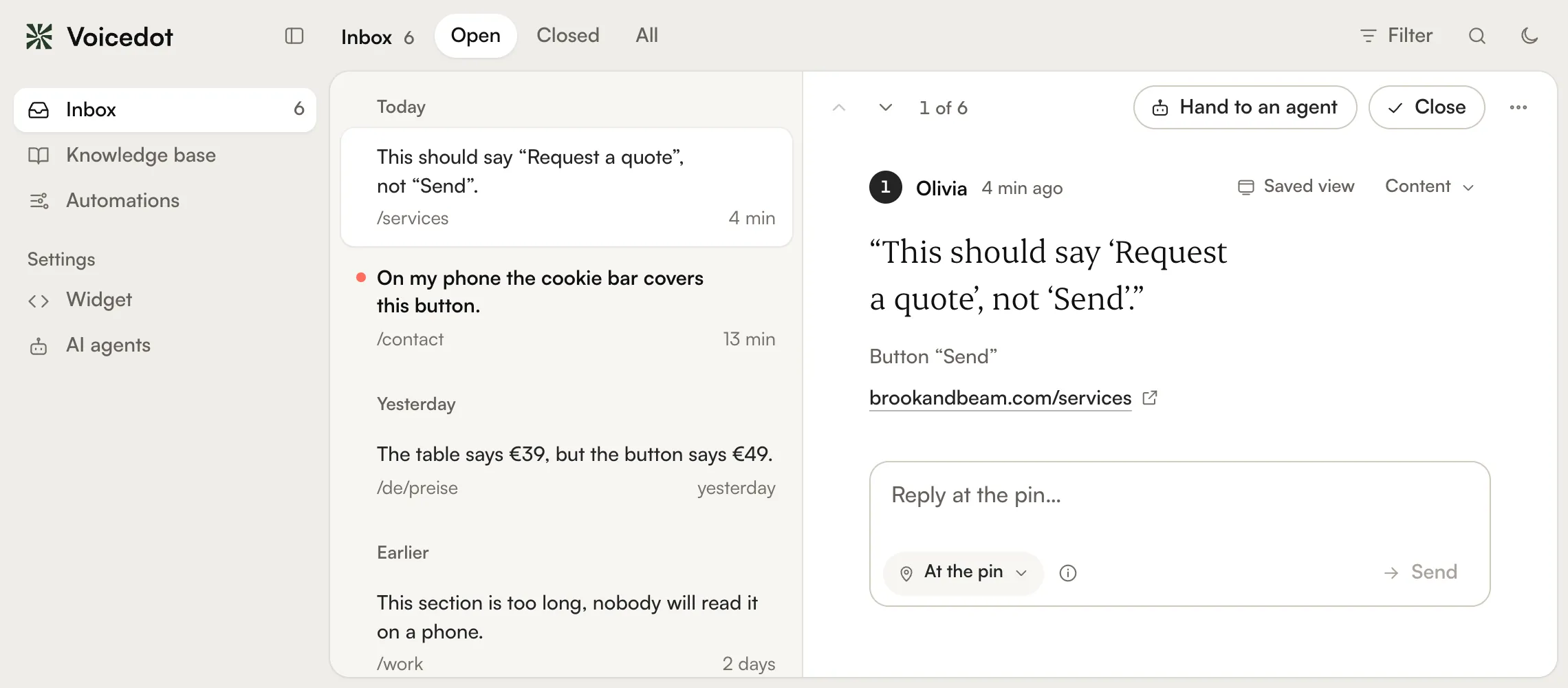 The Voicedot dashboard with two comments from Olivia on brookandbeam.com. The team answers both: it hands the first to an AI agent with a description of the fix and closes the second.